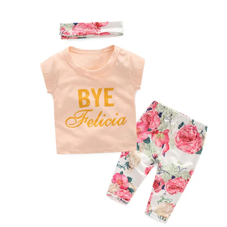 

Wholesale Baby Girls Clothes Set Floral Printed Summer Kids Clothing Suit Headband Three-piece set, As pic shows