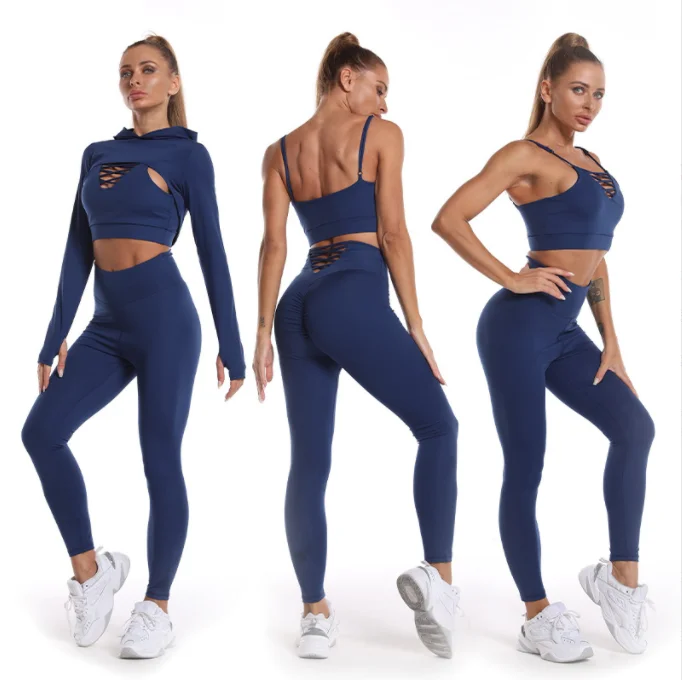 

workout clothing outdoor lifting gym clothing hollow crop top hoodie 3 piece sports wear suit for women fitness yoga, Sku shows