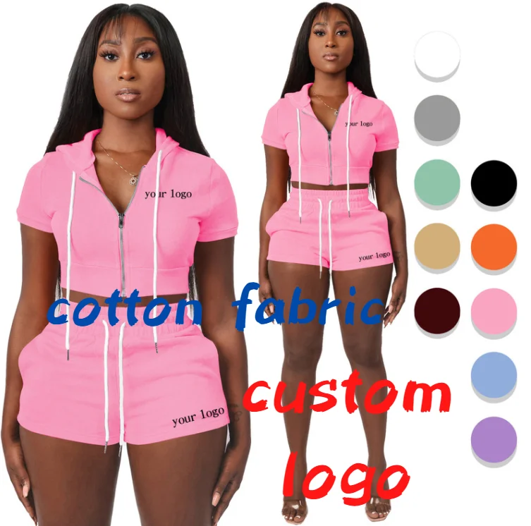 

Women's Two Piece Custom Logo Cropped Hoodie Short Set Women Zip Up Hooded Crop Top Candy color Sweat Shorts Set