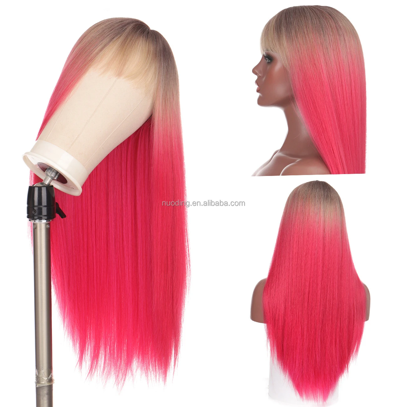 

Popular 28inch non lace straight wigs fringe bangs wigs heat resistant fiber ombre pink brown synthetic hair extension wig, Ombre color
