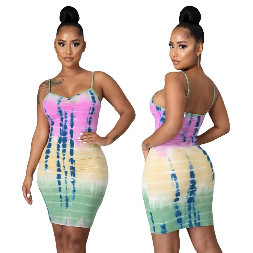 

2021 New Listing Casual Tie Dye Sleeveless Knee-Length Spaghetti Strap Loose Dress For Fat Woman, As picture show