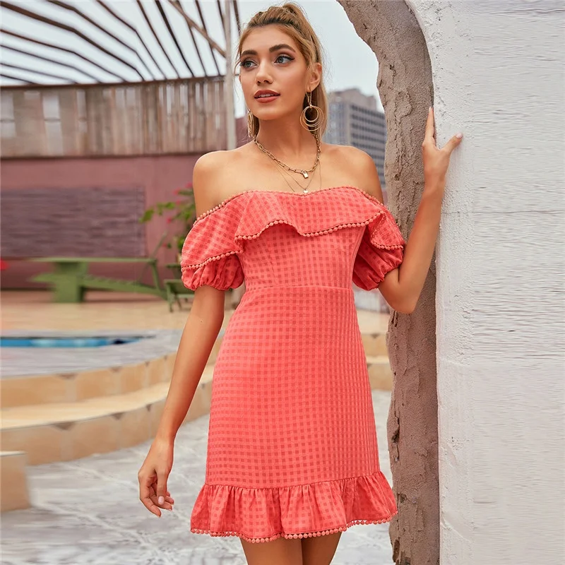 

High Quality Plaid Dress Assorted Womens Neon Color Off Shoulder Dress Guipure Lace Trim Casual Mini Dresses in Stock, Shown,or customized color,provide color swatches