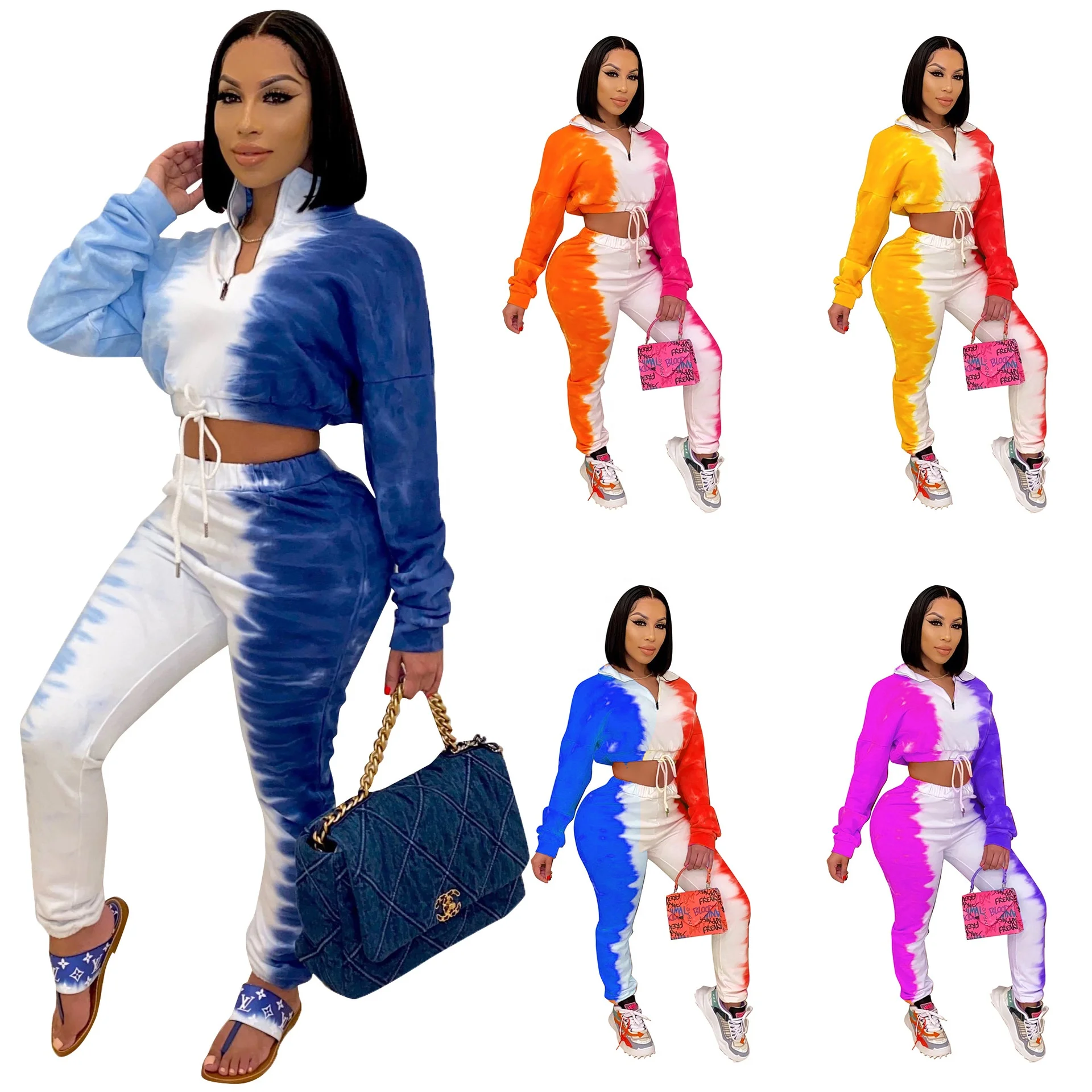 

New long sleeve gradual tie-dye sports casual sets women two piece clothing sets fall 2 piece sets for women