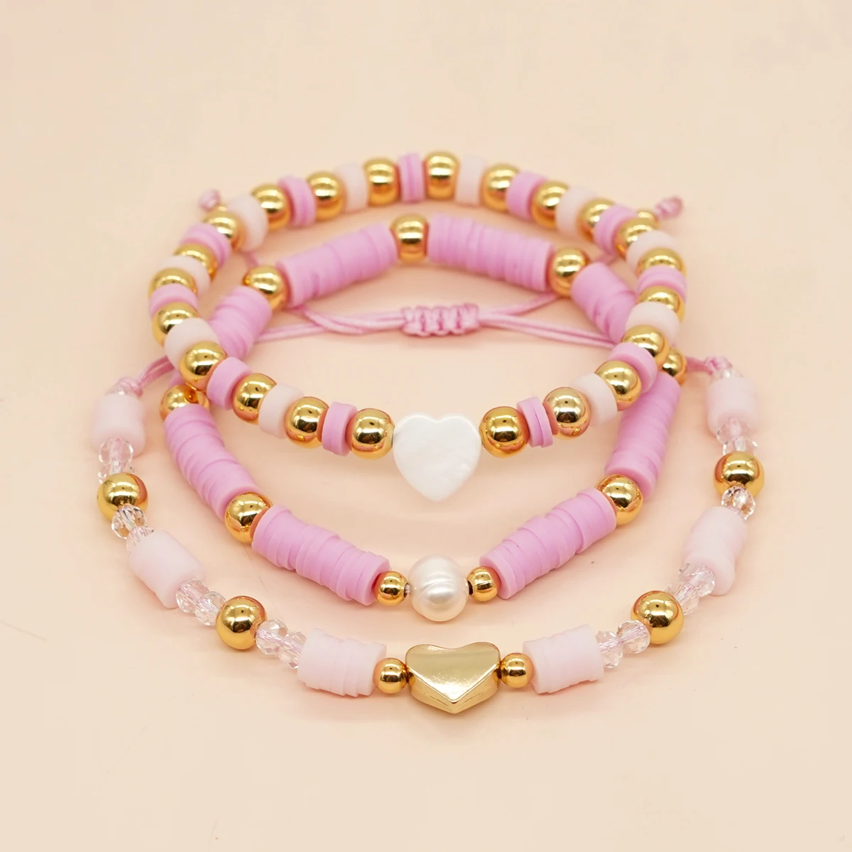 

Lovely Pink Heishi Bracelets Set Golden Bead Stretch Summer Boho Bracelet For Women Beach Fashion Jewelry Friendship Gifts