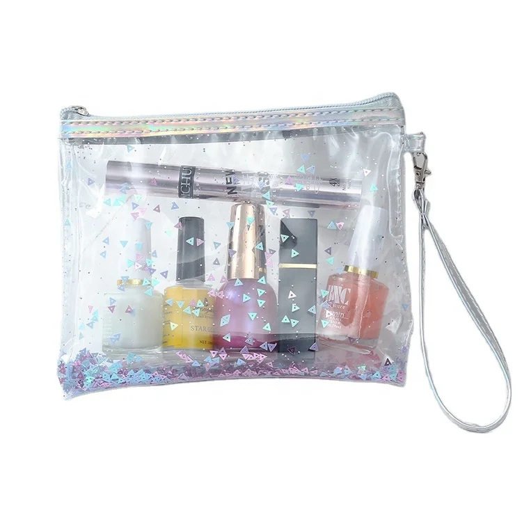 

Custom Flat Private Lable Silver Clear Color Glitter Bling Sequin PVC Small Make up Brush Travel Cosmetic Bag