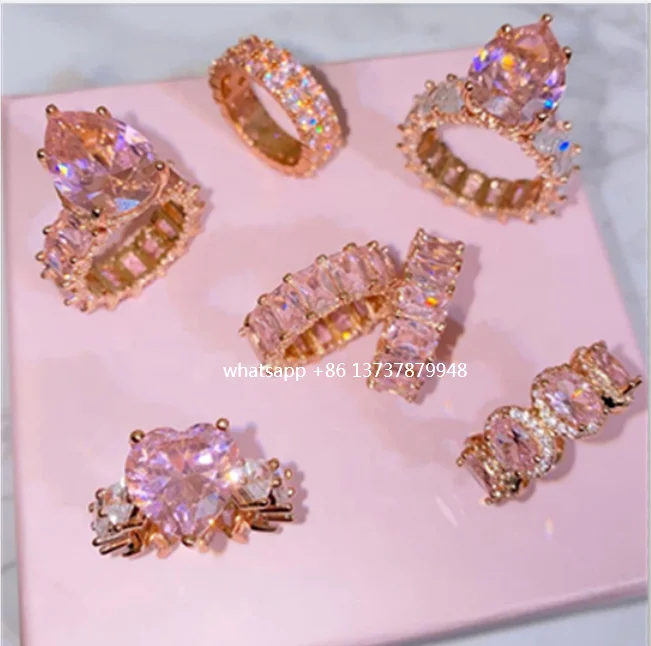 

women cubic zirconia icy pink heart ring baguette eternity band pear cut diamond ring