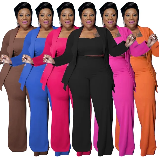 

Fall New Arrivals Plus Size Lady Clothes Button Cardigan Vest Three Piece Pants Suit Casual 3 Piece Outfits Set For Women