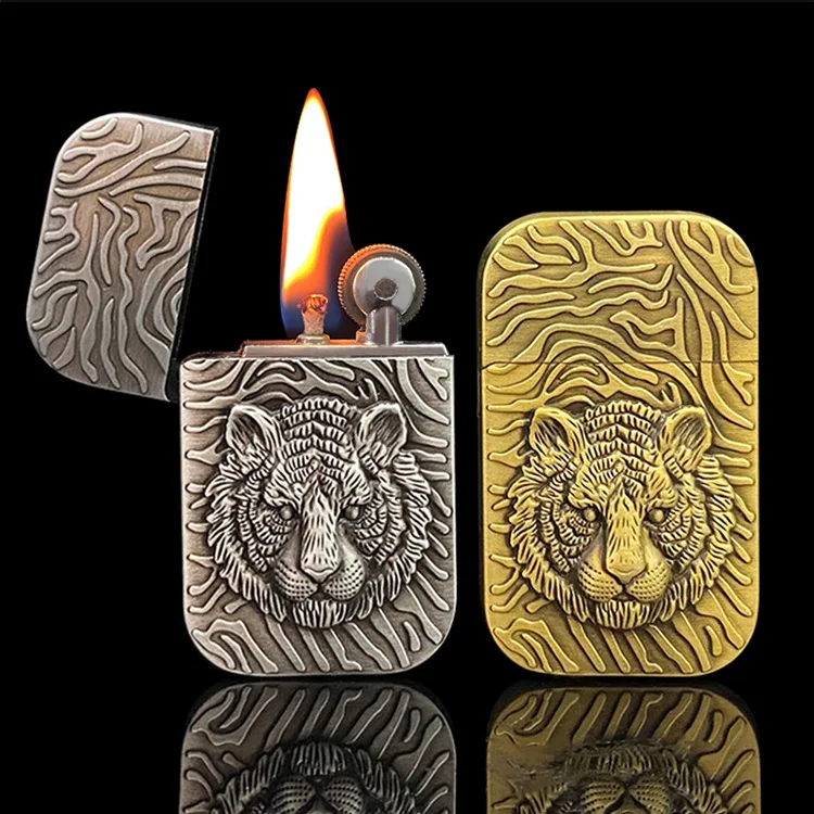 

Zinc alloy shell tiger retro bronze metal embossed custom LOGO windproof kerosene lighter