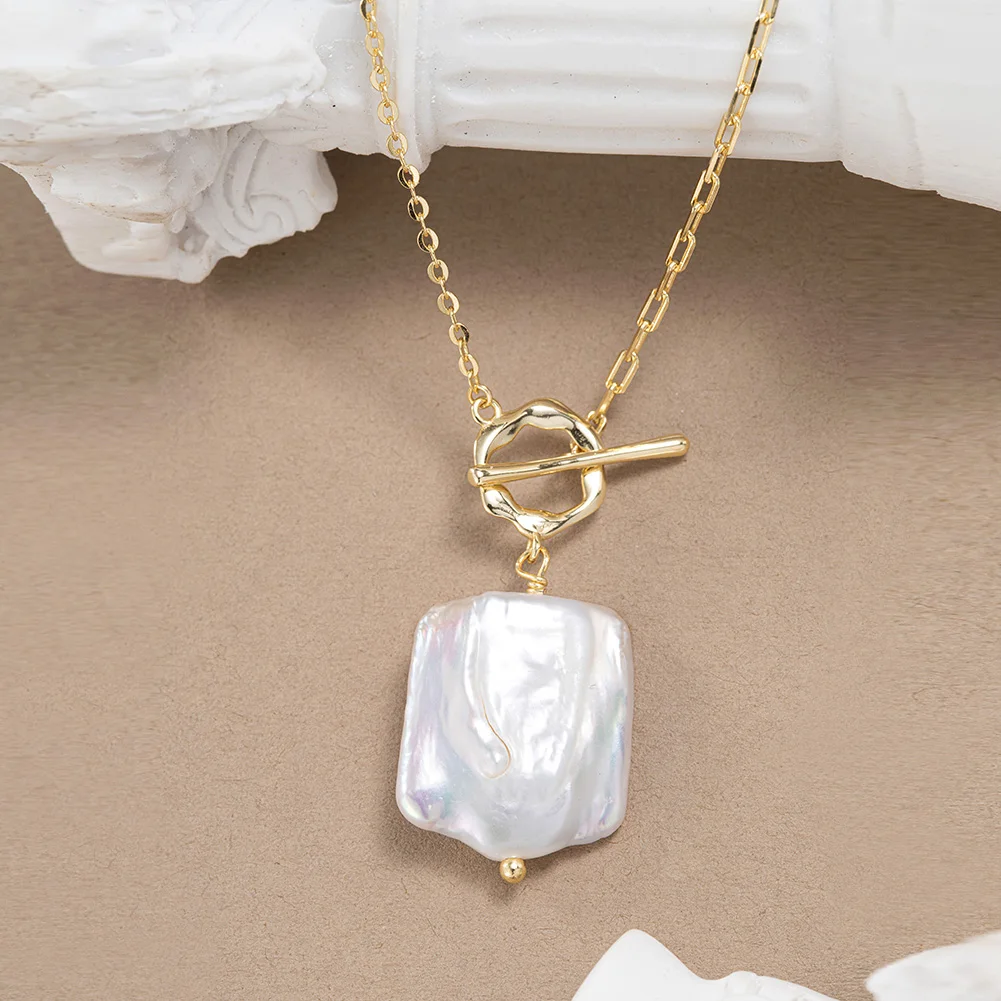 RINNTIN GPN45 Square Fresh Water Pearl Jewelry Rectangular Toggle Clasp Baroque Pearl Sterling Silver 925 Necklace