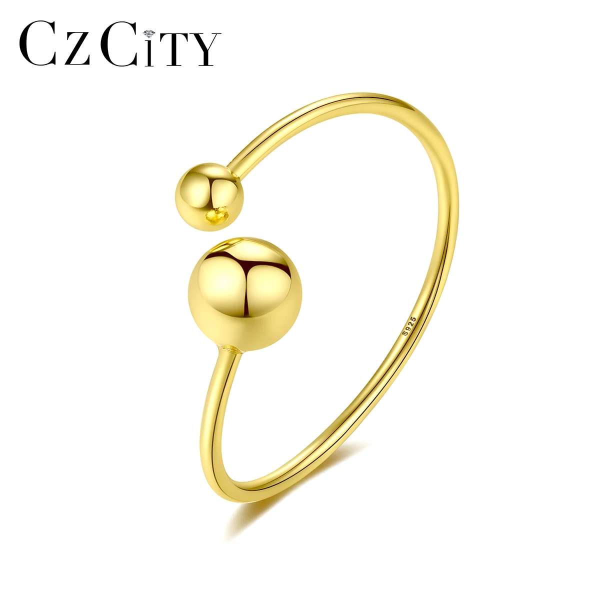 CZCITY Wholesale Fashion Double Ball 925 Silver Finger Rings Women Jewelry Gold Plated Open Cuff Ring for Women