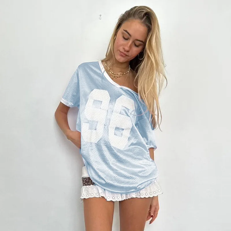 Fashion Casual Designer Loose Sport Style Knitted Digital Print Sleeveless Polyester T-shirt Oversized for Women