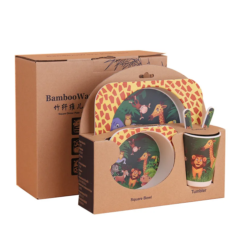 

CHINA OEM FACTORY New Bamboo Fiber Tableware Children's Dinner Plate Cartoon Rice Bowl Baby Bowl Spoon Fork Water Cup 5pcs Set
