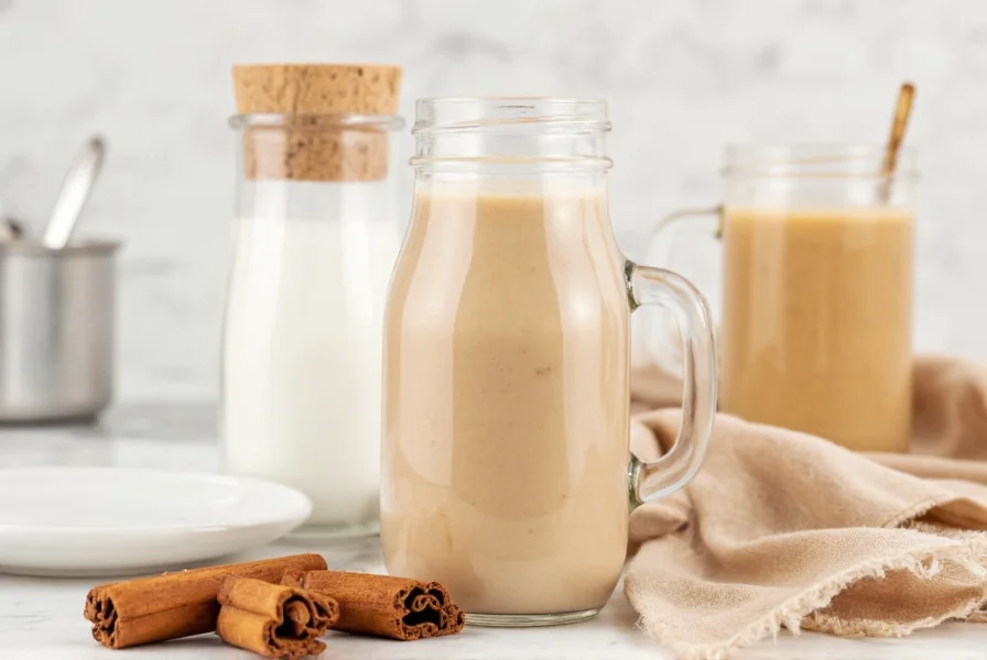 Homemade cinnamon coffee creamer ingredients including milk, cinnamon sticks, and vanilla extract in a mason jar