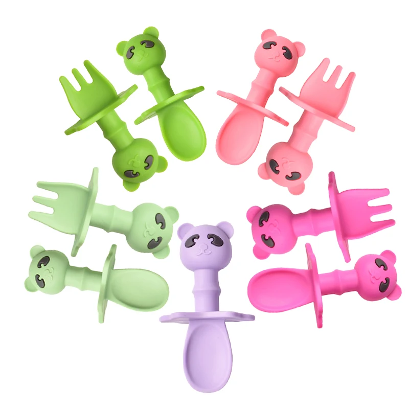 

Easy Grab First Self Feeding Toddler Utensils Baby Led Weaning Age Cute Baby Sppons 2Pcs Silicone Baby Feeding Spoon & Fork Set