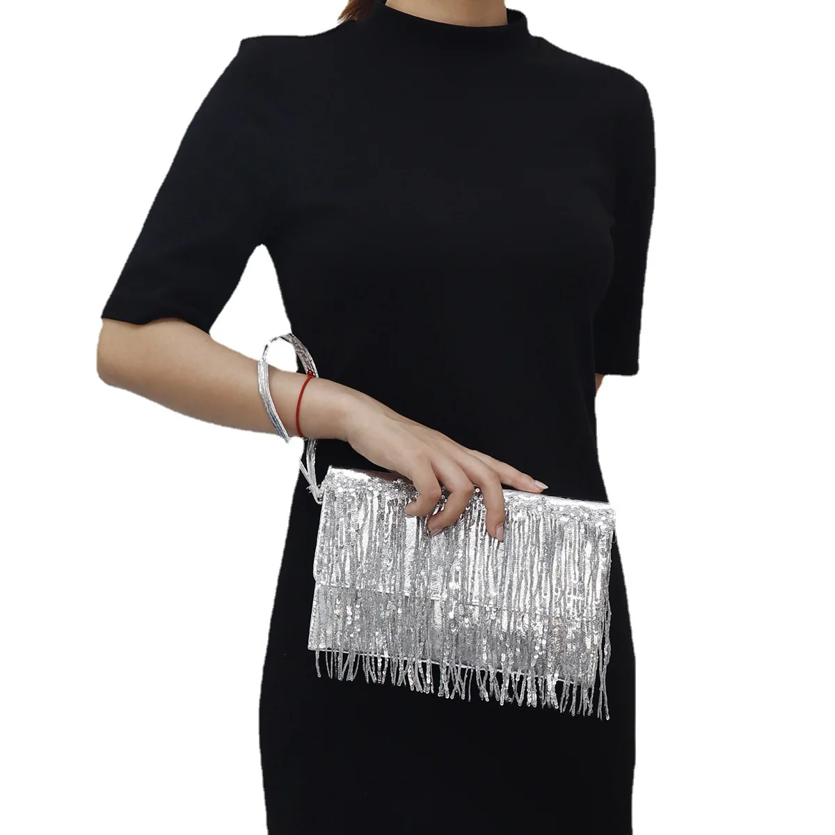 

Women Sparkling Glitter Evening Clutch Handbag Silver Gold Sequin Tassels Purse Handbags for Party