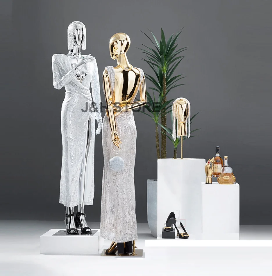 

Clothing Store Adjustable Female Mannequin Dress Form Women Curvy Bright Gold Full Body Chrome Mannequins Female For Draping