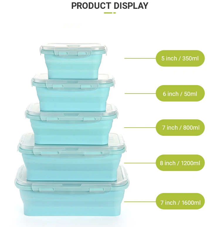 

High Quality Rectangle Collapsible Lunch Box 800ml Collapsible Silicone Container