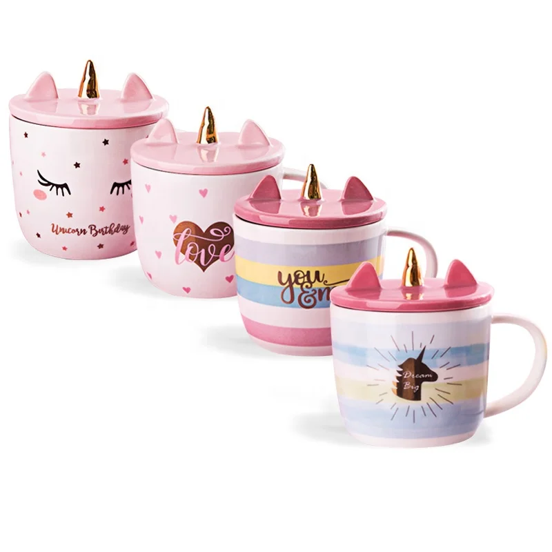 

Cute 3D Unicorn Mug Coffee Tea Cup with Spoon Ceramic Travel Mug with Lid and Handle for Woman, Polychromatic
