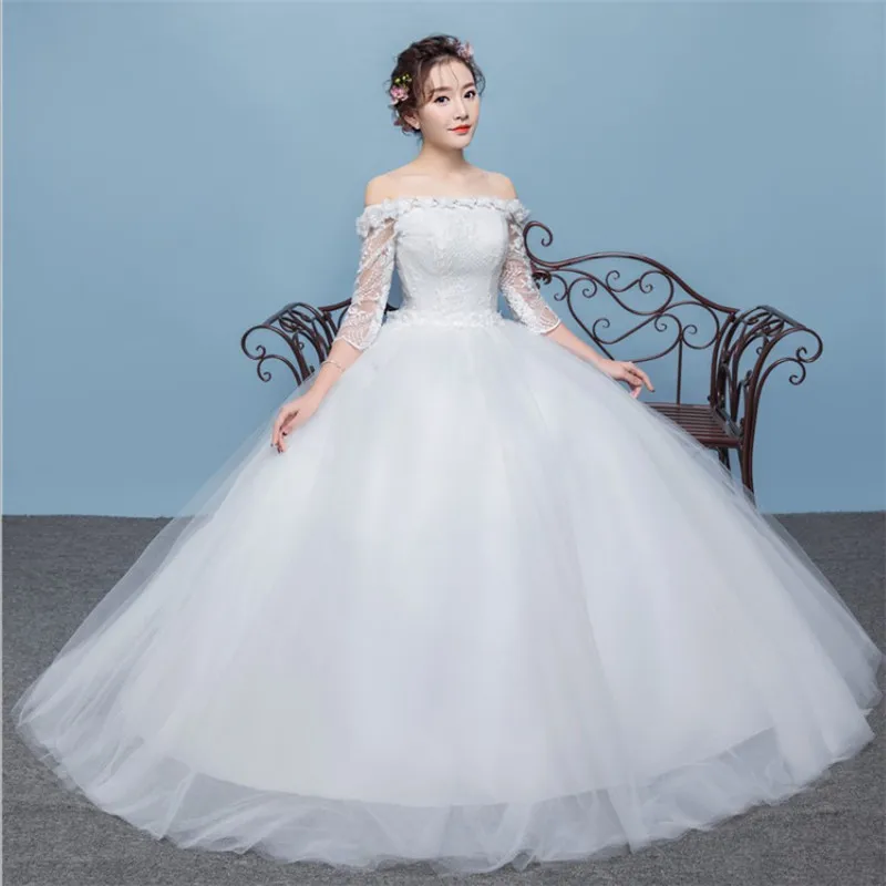 2020 韩国 vestidos de novia 露肩船脖子优雅简约蓬松新娘礼服婚纱 -