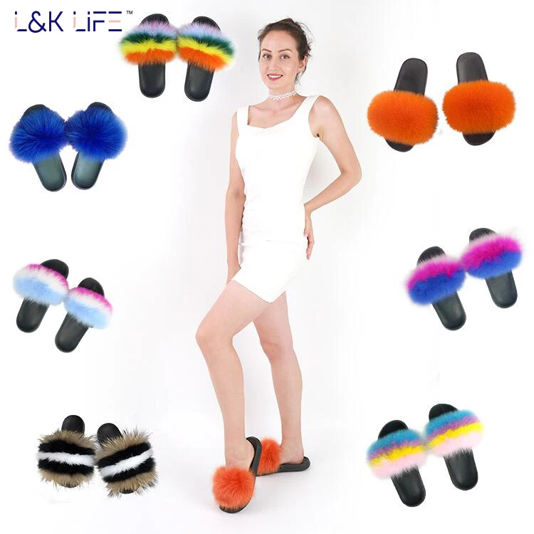 

Wholesale fashion fluffy real fox fur slides pvc Open Toe Outdoor or indoor big fur slides for women, As picture show
