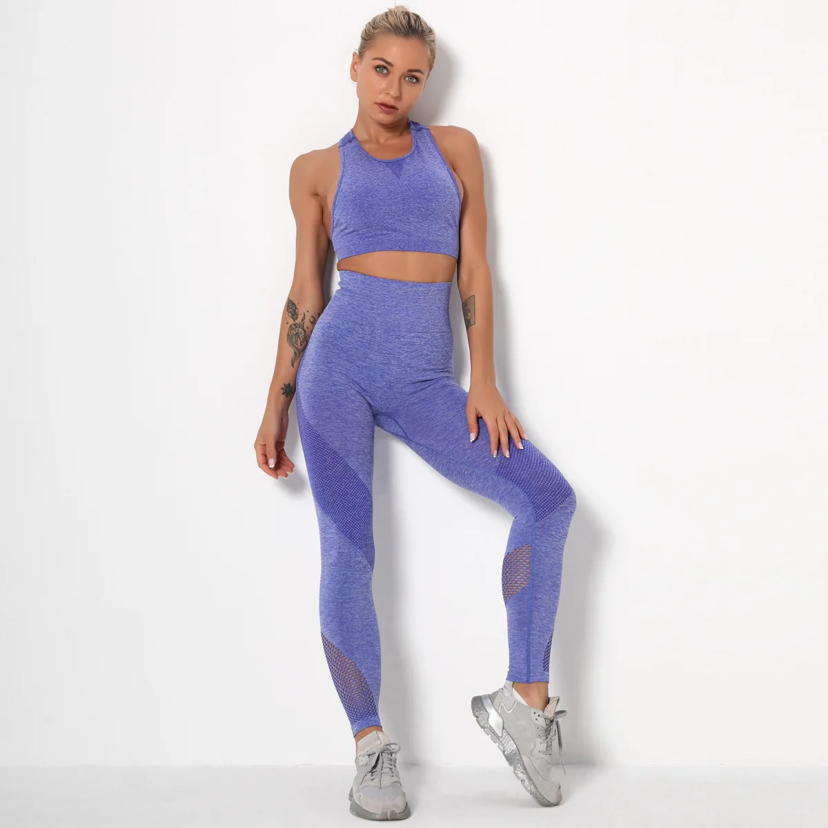 

Hot Knitted Yoga Set Women Fitness Sport Suit Sleeveless Bra Leggings Mesh Patchwork Tracksuits For Girls