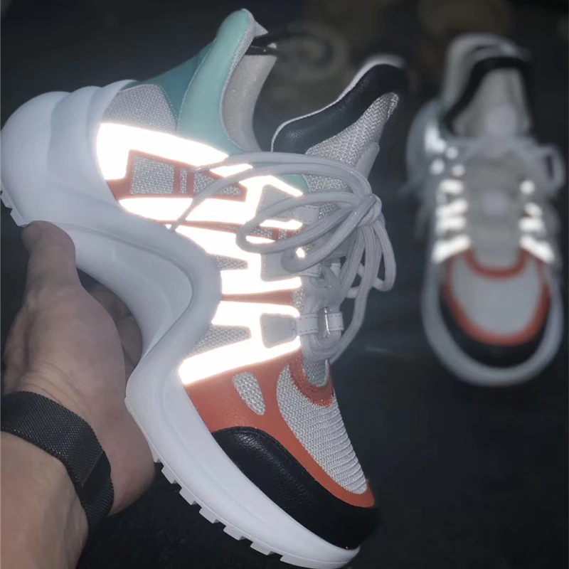 

Platform Arched Brand Designer Mesh Leather Sneakers Thick Sole Heel Casual Reflective High Top Sport Shoes, Customer's request