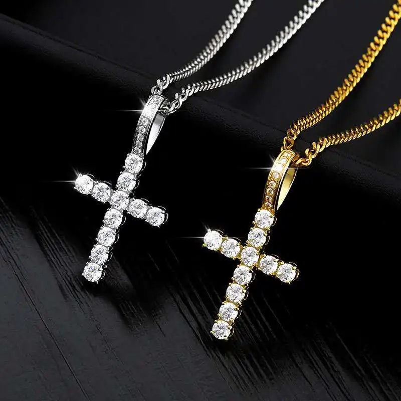 Gold Plated Stainless Steel CZ Crystal Diamond Cross Pendant men's Necklace Women