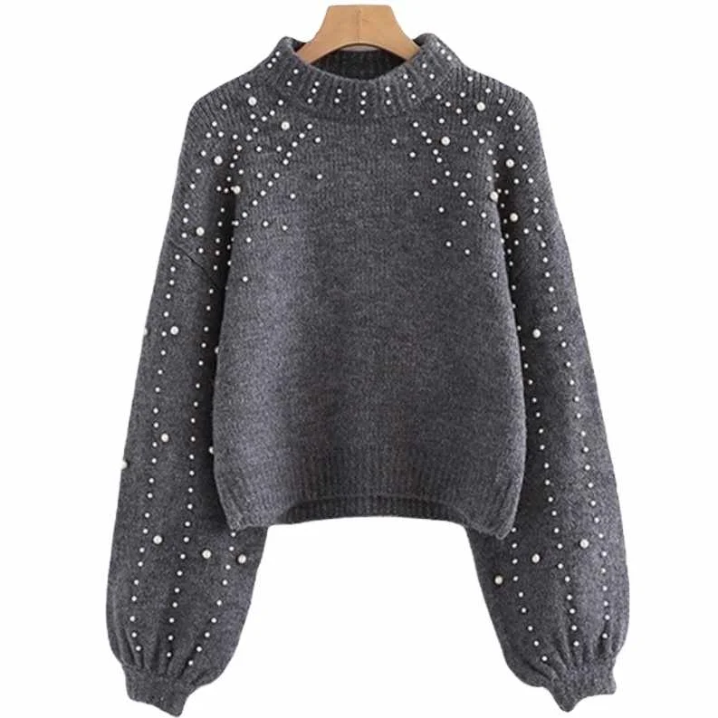 

wholesale custom long sleeves crew neck knitted beading pullover sweater for women
