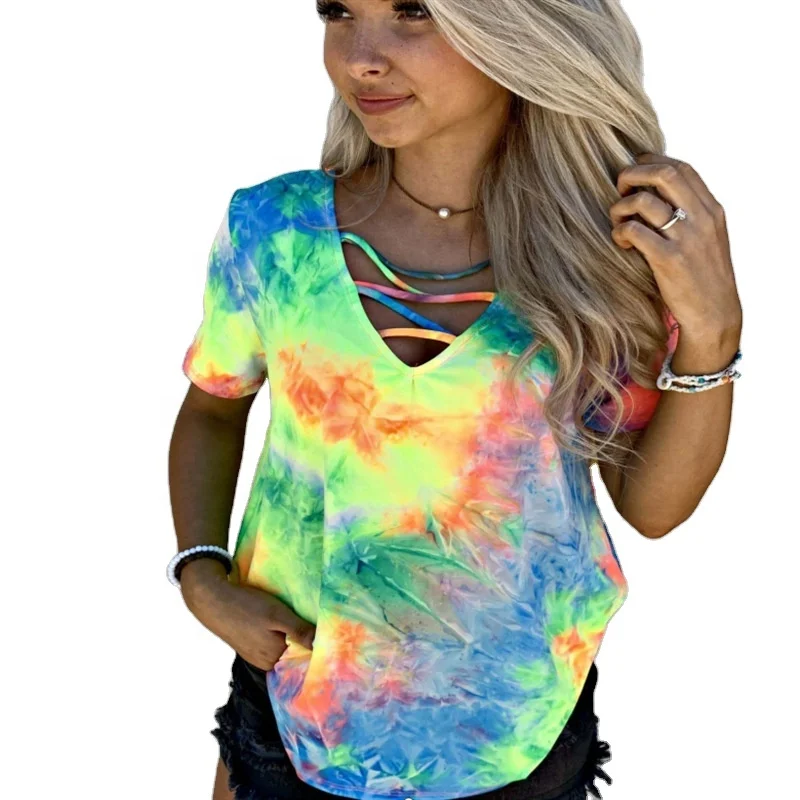 

Fashionable casual short sleeve V-neck open back tie dyed beach loose blouse top printing t-shirts for women, As picture