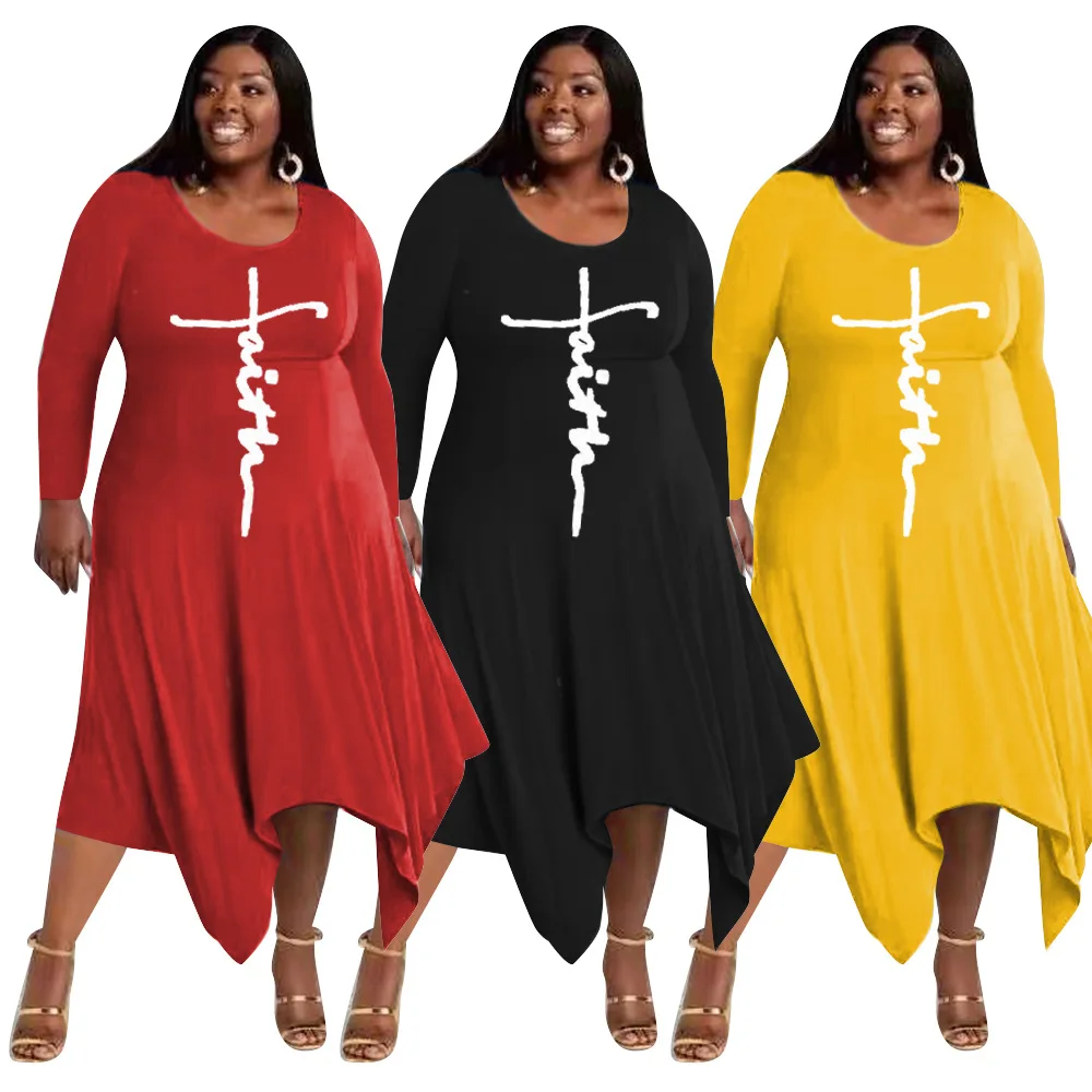 

Wholesales Bodycon Maxi Dress Ladies Faith Fat Long Sleeve Women Dress Plus Size Fall Clothing 2021, Picture color