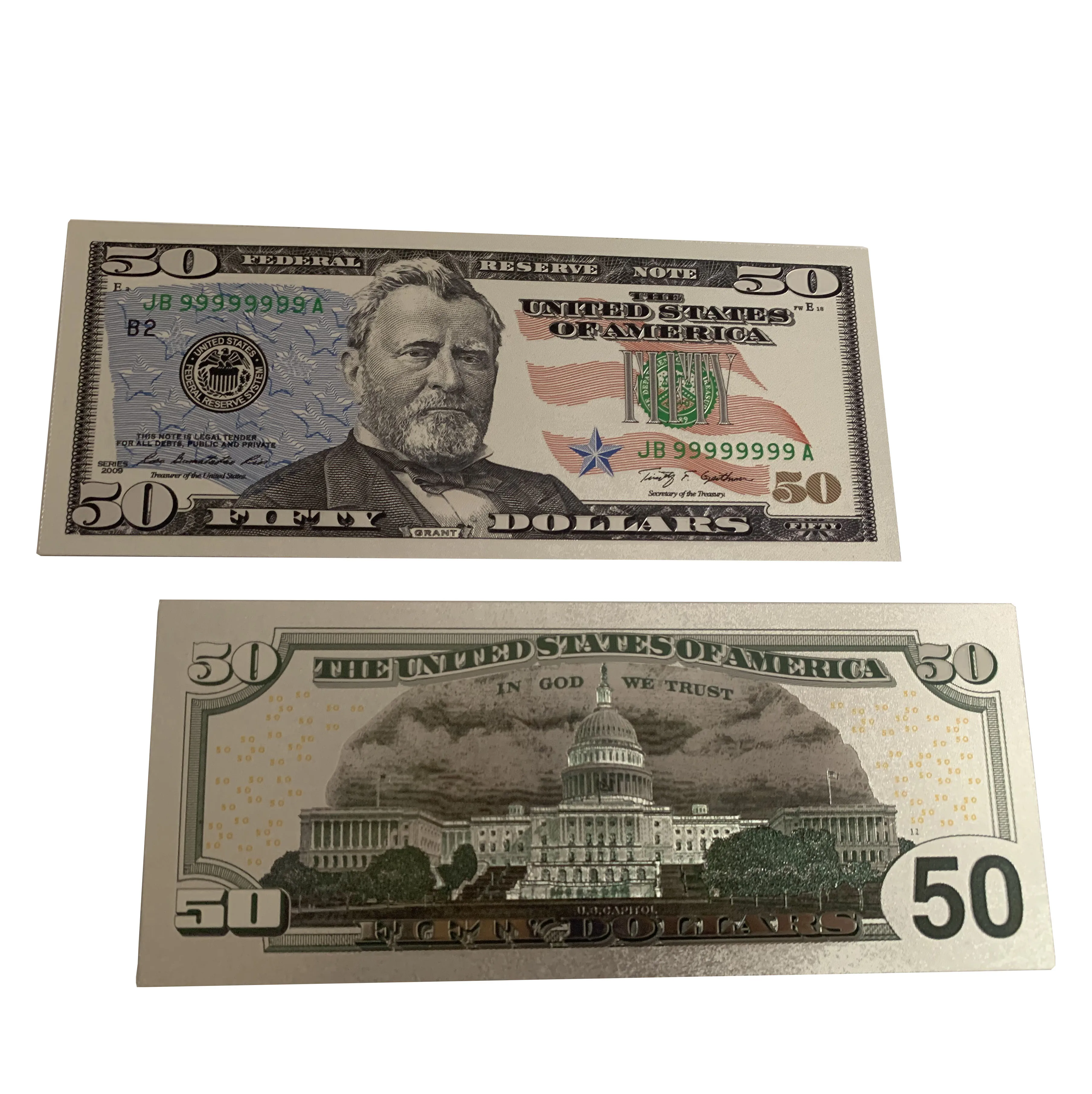 

USA money Silver foil plastic fifty dollar bills USD50 fifty dollar silver foil banknote