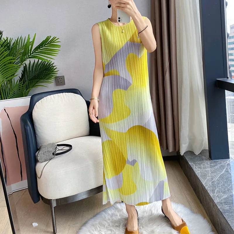 

Miyake pleated print casual midi dress fashionable elegant sleeveless straight open tank dress