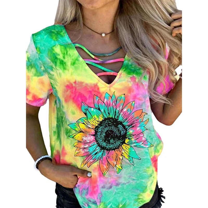 

Wholesale Women's T-shirts Tie dye Sunflower Print Short Sleeve V Neck Daily Women Blouse Hollow out Top, 2 colors