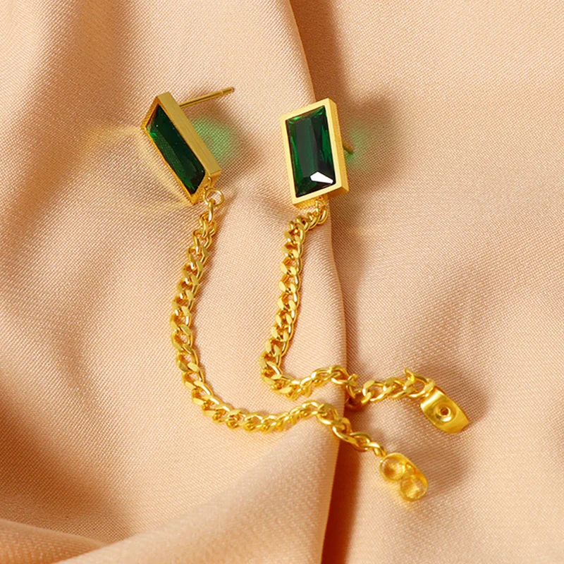 

2022 Retro Jewelry 18k Gold Plated Link Chain Jade Earring Stainless Square Gemstone Chain Earring