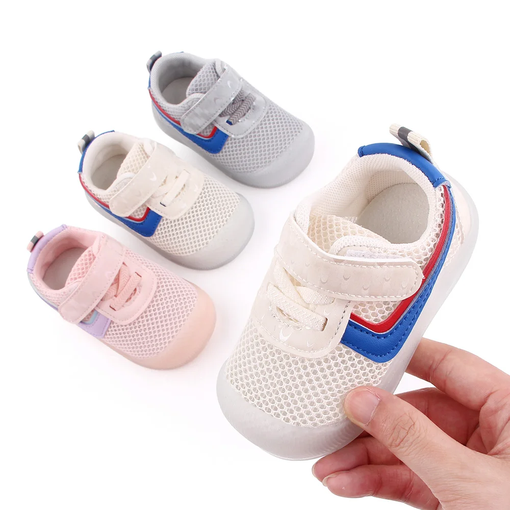 

Hot selling sport mesh unisex kids baby shoes sneakers prewalker first walking shoes, White/pink/grey