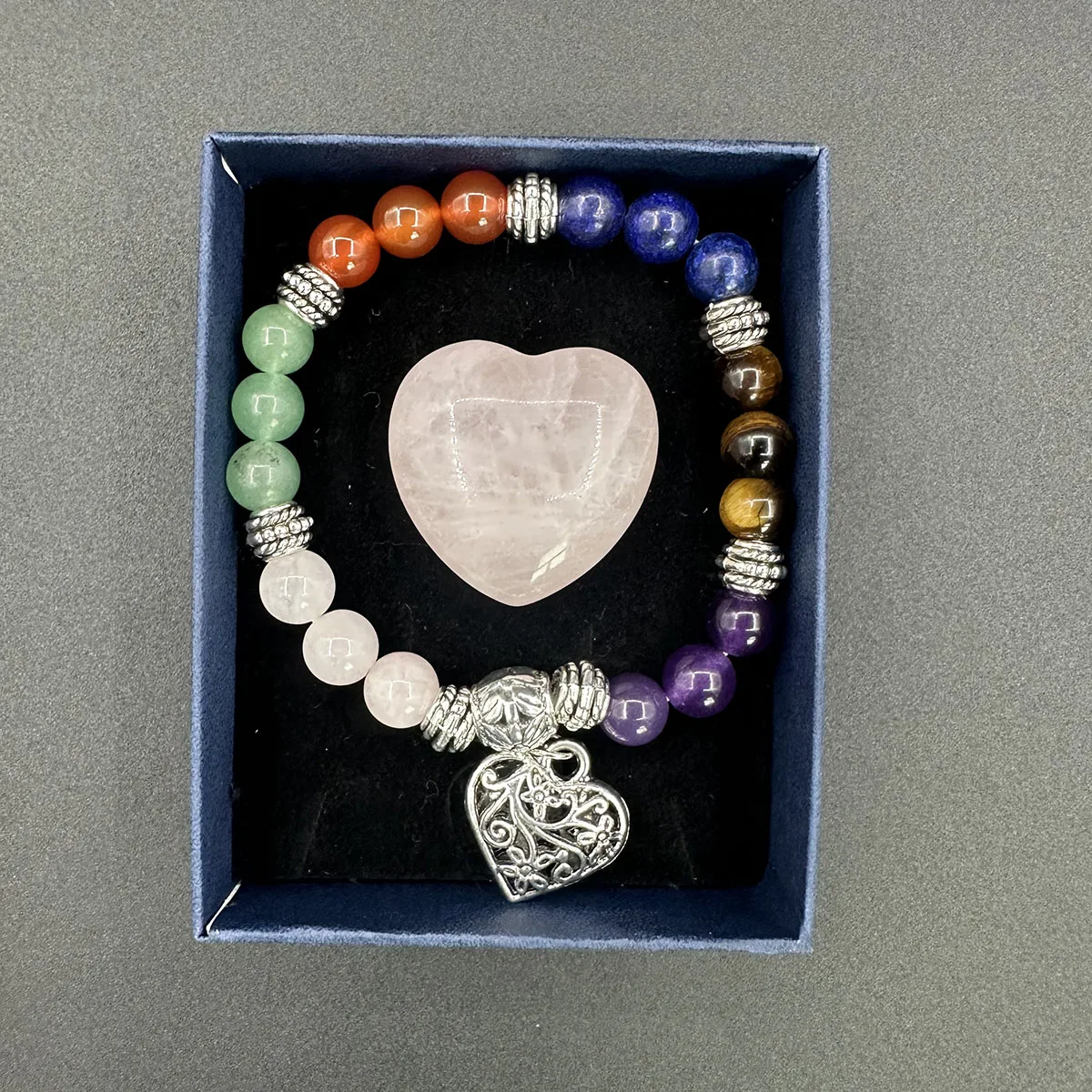 

7 Chakra Natural crystal bracelet set Healing Polished tumbled crystal stone rose quartz heart set meditation heading stones