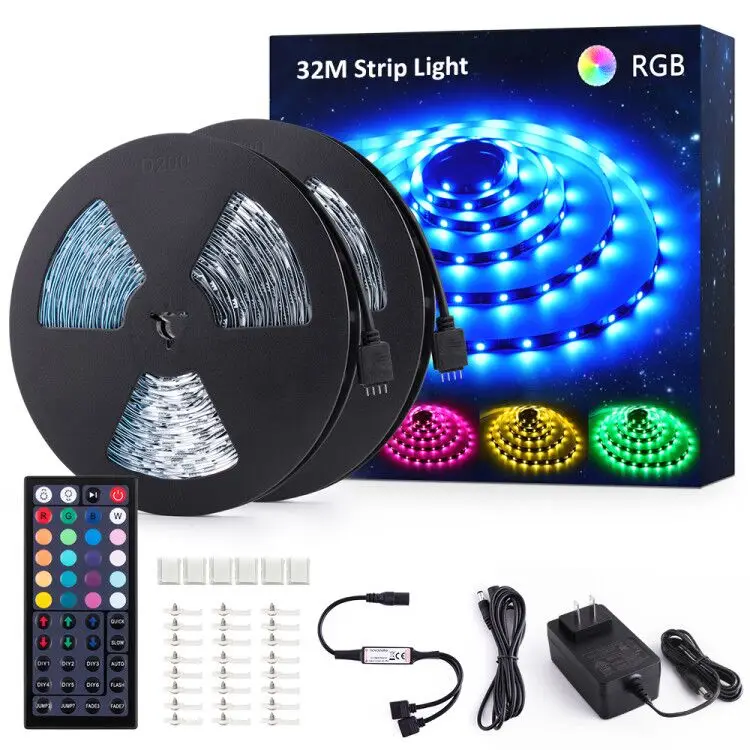 32M/105FT RGB LED Strip Lights Kit 10mm PCB 5050 LEDs Color Changing Flexible Dimmable DC 24V LED Tape with 44 Key RF Remote