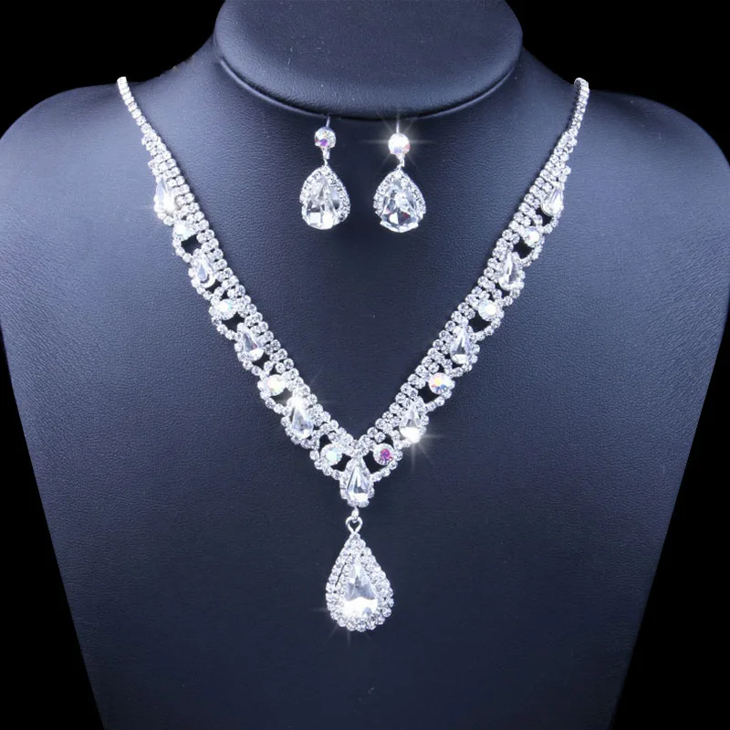 

Fashion New Cheap Crystal Necklace Earrings Set Wedding Bridal pendant Necklace earrings Jewelry Set, Silver