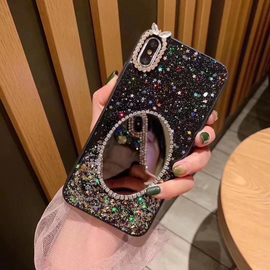 

Rhinestone design oval mirror cover for apples phone bling-bling sparkle star soft case for iphone 11pro