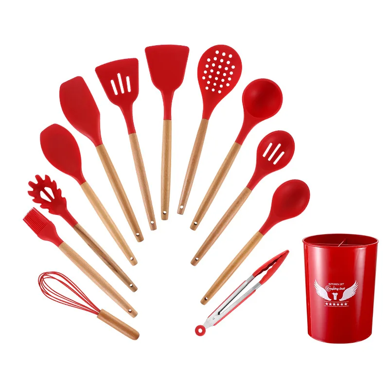 

Silicone Cooking Utensils for Non-stick Cookware. Wooden Kitchen Utensils, Silicone Spatula Spoons Set 11pcs, Red, black, pink, gren, purple or customized