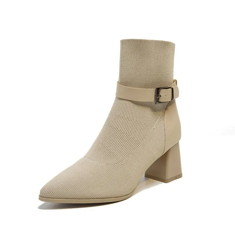 

Factory Sale Ladies Boots High-Heeled Stretch Shoes Short Tube Plus Fleece Socks Boots Belt Buckle Knitted Fashion Boots
