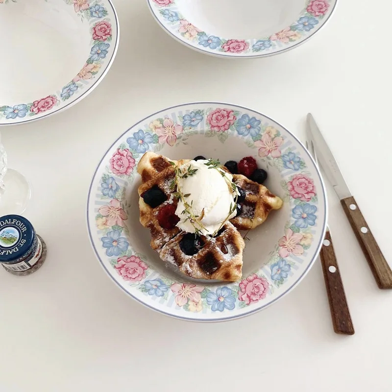 

Korean ins retro striped flower ceramic dinner plate western food flat plate fruit dish pasta soup plate