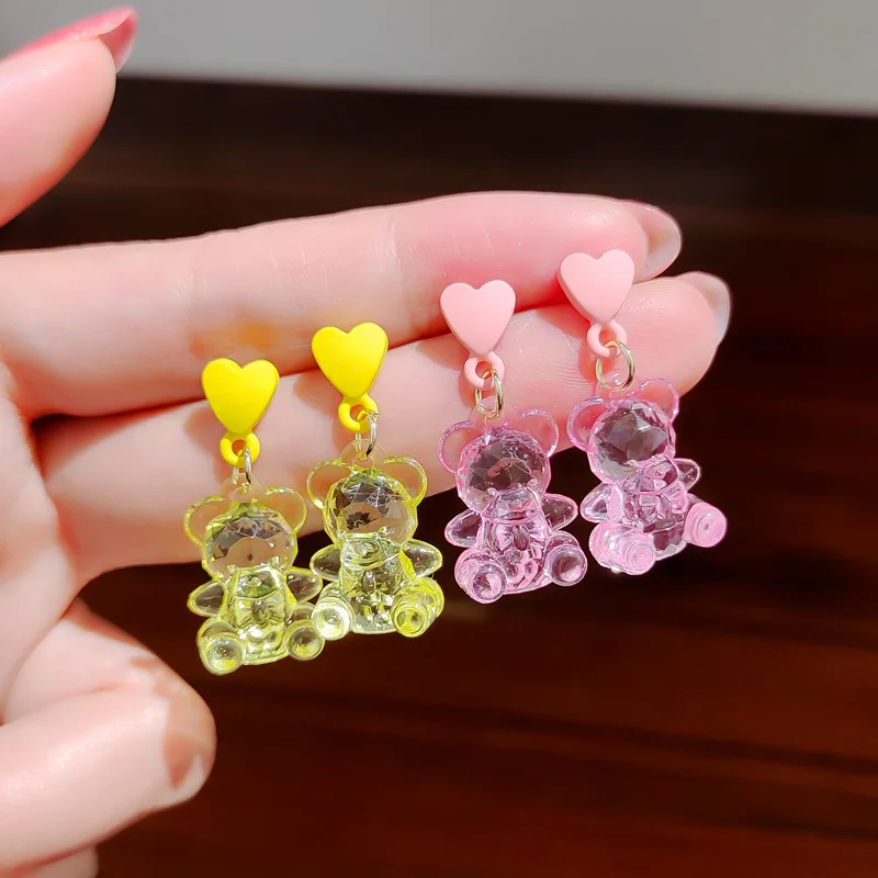

S925 Silver Handmade Three-dimensional Ear Aesthetic Accessory Lovely Transparent Animal Candy Resin Gummy Bear Drop Earrings