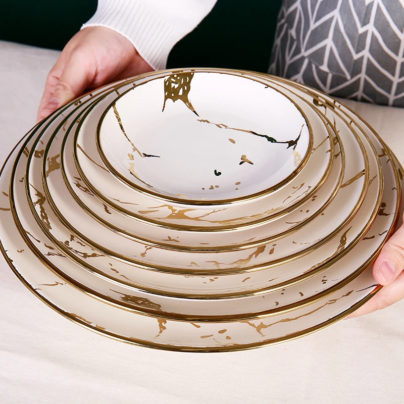 

Stylish Nordic Plating luxury Round Marble Ceramic Dining Plate with Gold Rim for restaurant hotel wedding, White