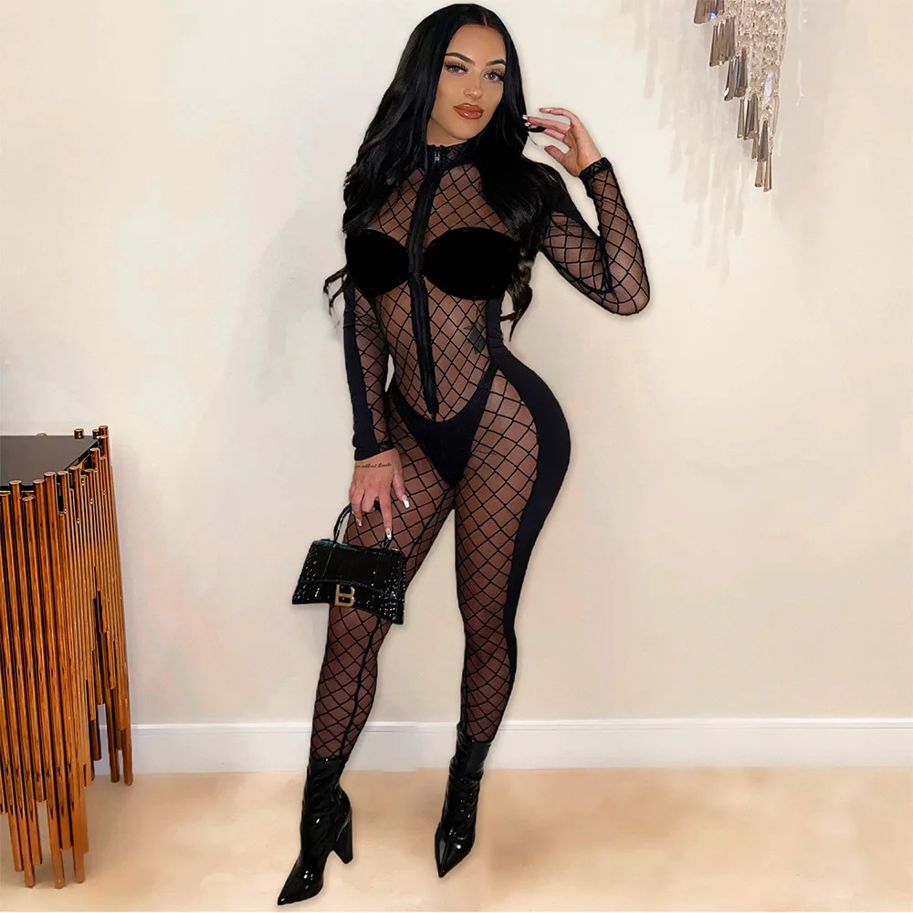 

New Jumpsuits Bodycon Party Fishnet Black Mesh Club Transparent Jumpsuit Sexy For Women