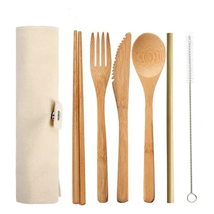 

Tablewares Top Seller Eco Friendly Bamboo 7 Pieces Knife Fork Spoon Chopsticks Straw Brush Cutlery Travel Set Cloth Bag