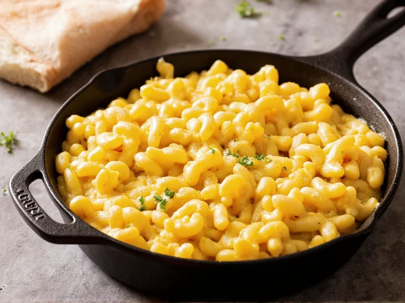 Creamy golden mac and cheese in cast iron skillet