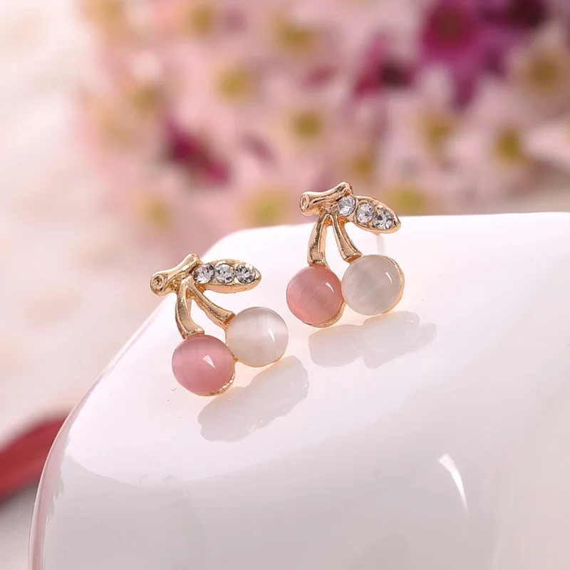 

French Design Shiny CZ Earrings Beautiful Color Preserving Opal Cherry Stud Earrings Temperament Fruit Cherry Stud Earrings, Colorful