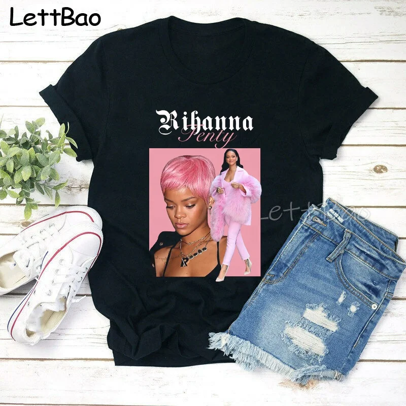 

Wholesale Aesthetic Women T Shirt Woman Vintage Graphic Tees T-shirt Rihanna Custom Printed Cotton Oversized Tshirt, Black white gray dark blue red