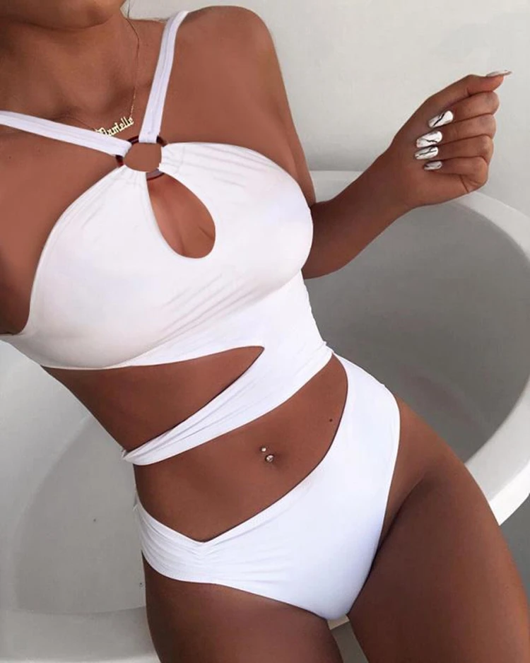 

Custom New Design Ring Chain Sexy Hollow Out One Piece Bikini Beach wear Bandeau Halter Swimsuit Women Fitness Swimwear